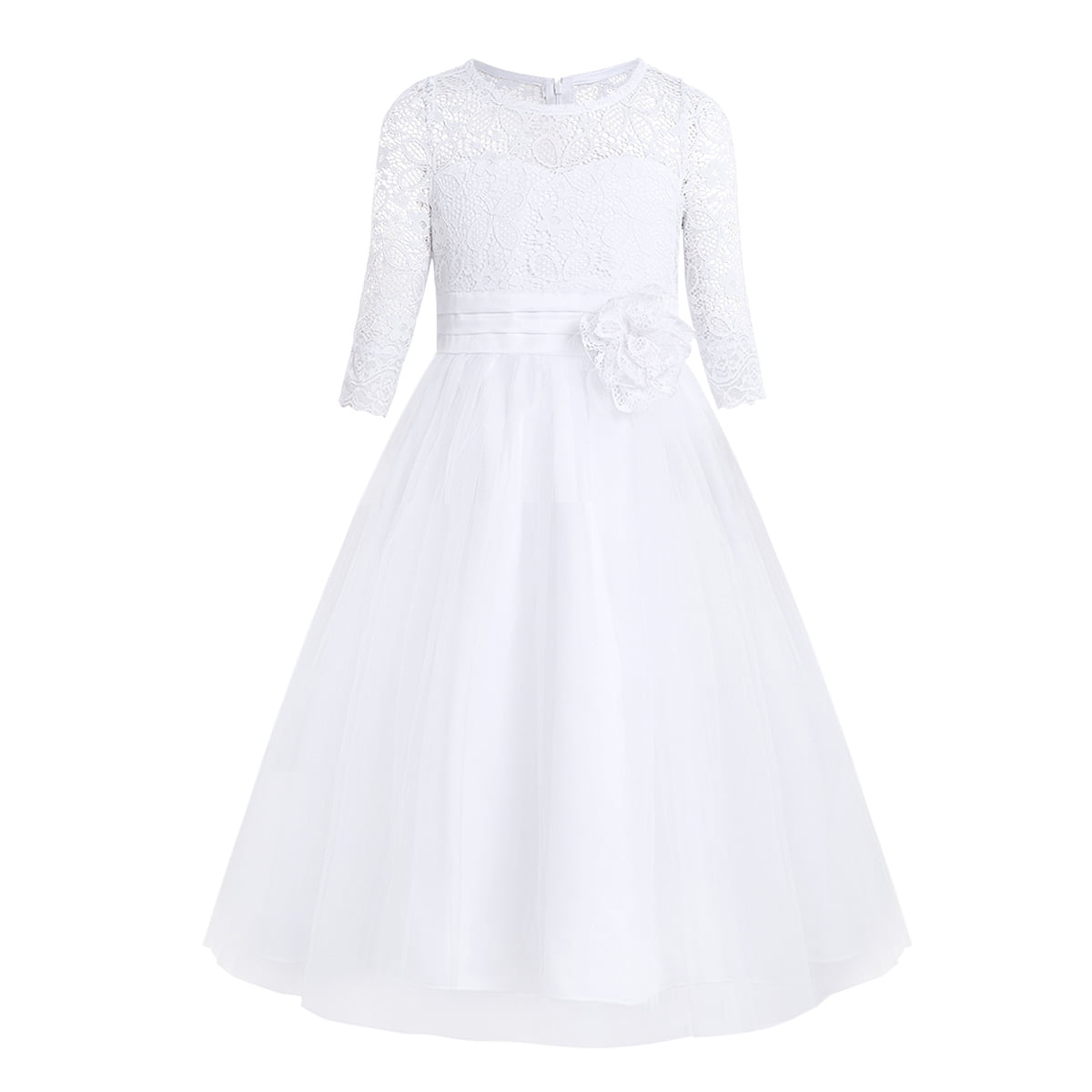 White Tea Length Long Sleeve Child Party Dress GACH018