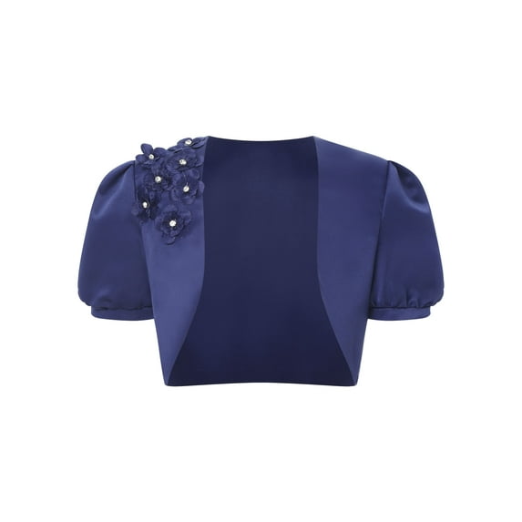 TiaoBug Kids Flower Girl 3D Applique Bolero Shrugs Wedding Party Dress Cover Up Short Puff Sleeve Crop Cardigan Coat Navy Blue 12