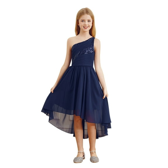 TiaoBug Kids Flower Girl One Shoulder Party Gown Sequins High-Low Hem Dress for Wedding Birthday Navy Blue 10