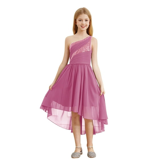 TiaoBug Kids Flower Girl One Shoulder Party Gown Sequins High-Low Hem Dress for Wedding Birthday Pink 16