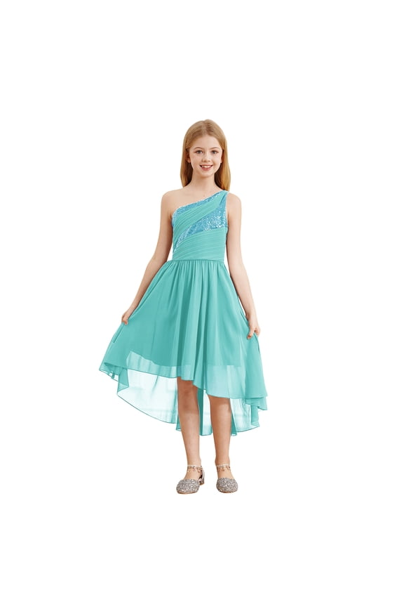 Kids Flower Girl One Shoulder Party Gown Sequins High-Low Hem Dress for Wedding Birthday Turquoise 16