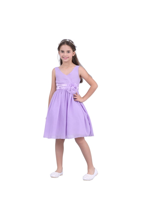 Kids Flower Girls Floral Rose Bridesmaid Party Dress V-neck Chiffon Wedding Prom Ball Gown Lavender 12
