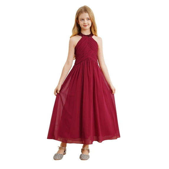 TiaoBug Kids Flower Girls Sequins Wedding Party Dress Halter Sleeveless Elegant Gown Burgundy 6