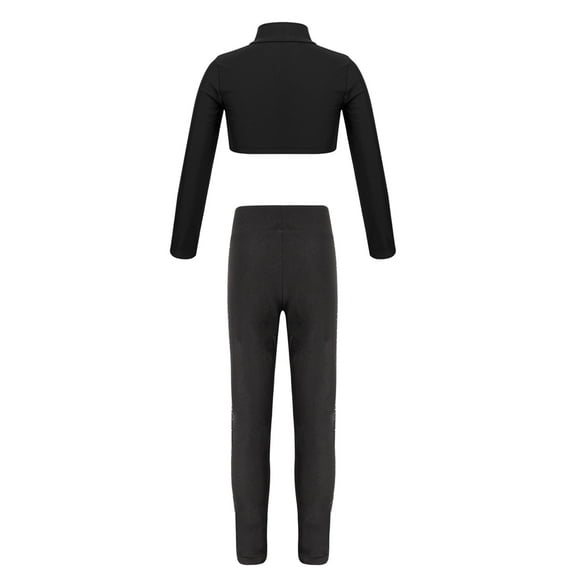 TiaoBug Kids Gilrls Gymnastics Dance Outfits Long Sleeve Crop Top And Leggings Pants for Ice Skating Performance B Black 8