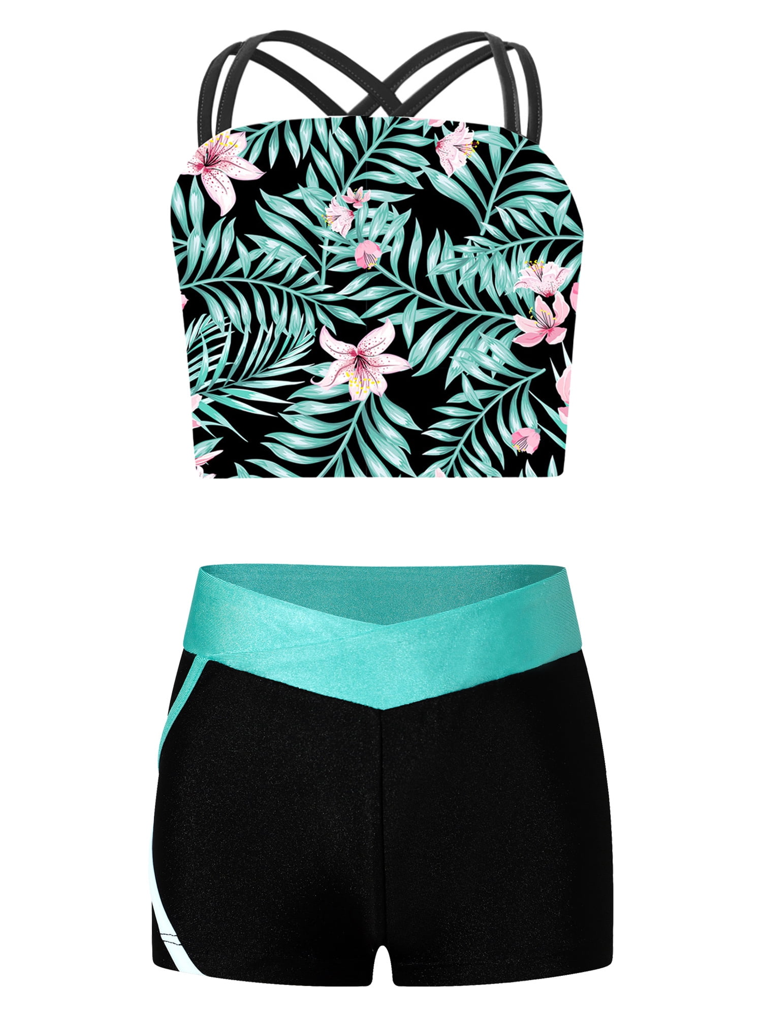 Mädchen Sport Set 3-teilig - Cropped Kapuzenpullover + Tanktop + Camouflage Hose