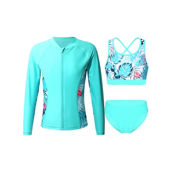TiaoBug Kids Girl 3 Piece Rash Guard Swimsuits Set Floral Long Sleeve Shirt Cami Crop Top and Brief Beach Swimwear Zipper Lake Green 14