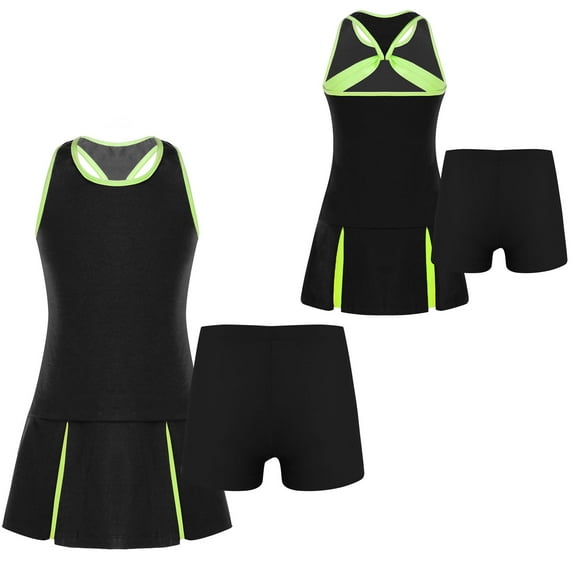 TiaoBug Kids Girl Tennis Golf Dress Sport Outfit Sleeveless Racerback Tops Pleated Skirt with Shorts Set Black 6