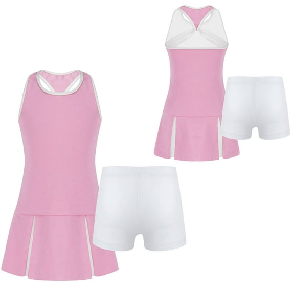 TiaoBug Kids Girl Tennis Golf Dress Sport Outfit Sleeveless Racerback Tops Pleated Skirt with Shorts Set Pink 14