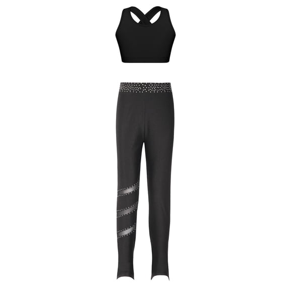 TiaoBug Kids Girls 2 Pcs Gymnastics Dance Outfits Workout Sport Bra Crop Tank Top with Rhinestones Leggings Athletic Sportswear B Black 16