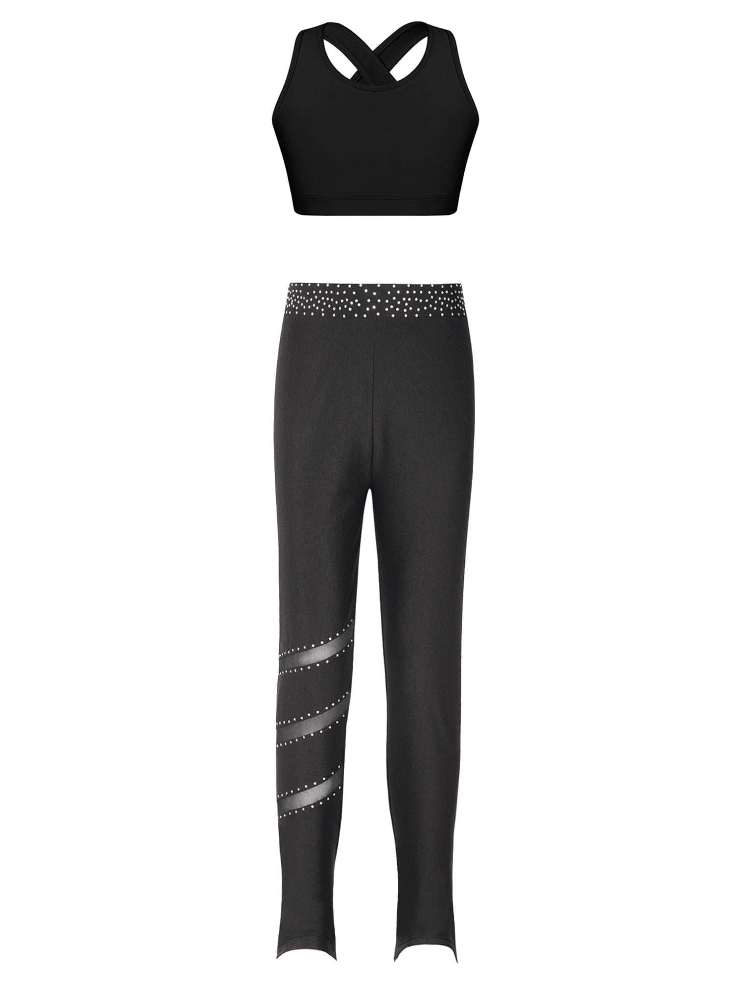 TiaoBug Kids Girls Sports Dance Outfit Ballet Gymnastics Tank Crop Top With Flowy Tennis Skirt Set Dancewear 2 Piece Activewear Pink Black 4