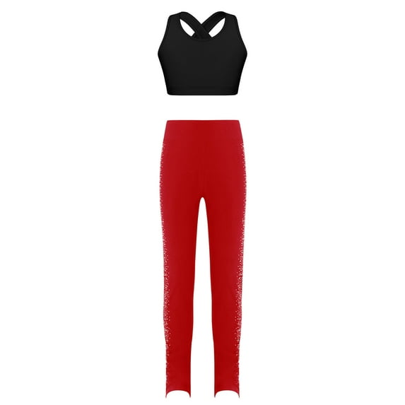 TiaoBug Kids Girls 2 Pcs Gymnastics Dance Outfits Workout Sport Bra Crop Tank Top with Rhinestones Leggings Athletic Sportswear Burgundy 16