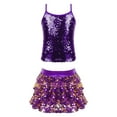thumbnail image 1 of TiaoBug Kids Girls 2 Pcs Jazz Dance Outfit Set Sequin Cami Vest Top with Ruffle Tutu Skirt for Hip Hop Performance Dancewear Purple 12, 1 of 5