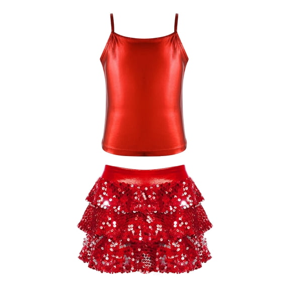 TiaoBug Kids Girls 2 Pcs Jazz Dance Outfit Set Sequin Cami Vest Top with Ruffle Tutu Skirt for Hip Hop Performance Dancewear Red-A 12