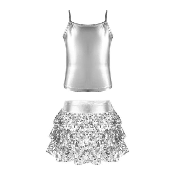 TiaoBug Kids Girls 2 Pcs Jazz Dance Outfit Set Sequin Cami Vest Top with Ruffle Tutu Skirt for Hip Hop Performance Dancewear Silver-A 6