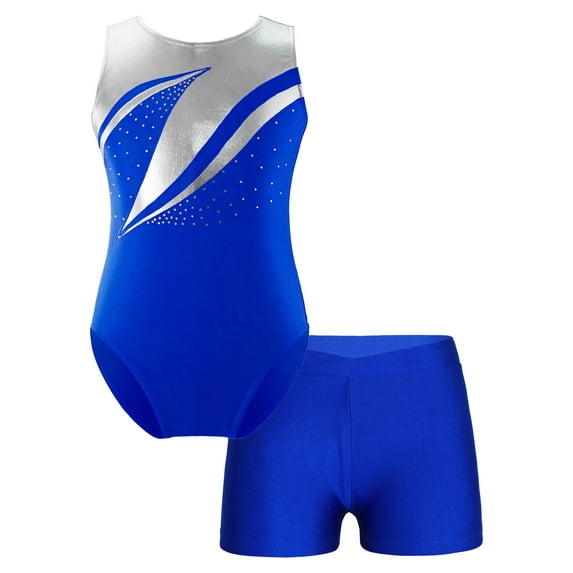 TiaoBug Kids Girls 2 Piece Ballet Dance Outfits Rhinestone Gymnastic Tank Leotard with Tumbling Shorts Skating Dancewear Royal Blue 14