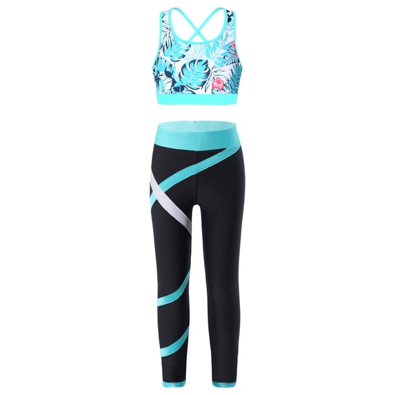 TiaoBug Kids Girls 2 Piece Dance Outfits Print Crop Top with Leggings Set for Gymnastics Dance Yoga Leaf 12