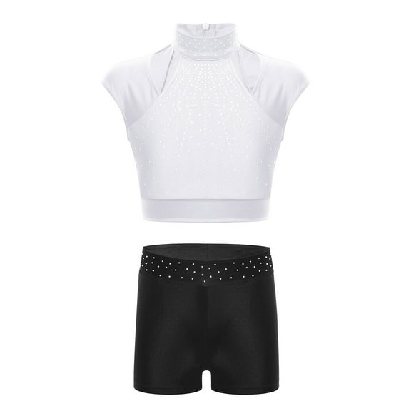 TiaoBug Kids Girls 2 Piece Dance Outfits Sleeveless Crop Top and Shorts Gymnastic Set White 6