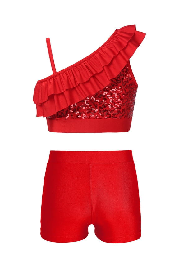 Kids Girls 2 Piece Gymnastics Dance Leotards Outfits Ruffle Sequin Crop Top with Shorts Set for Stage Performance Red 6