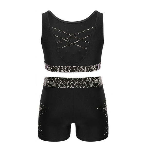 TiaoBug Kids Girls 2 Piece Gymnastics Dance Outfit Cheerleading Crisscross Back Crop Top with Shorts Set Black 6
