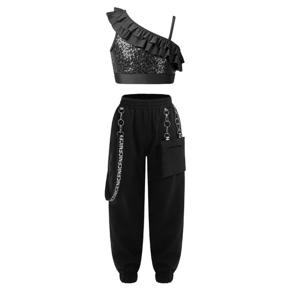 TiaoBug Kids Girls 2 Piece Hip Hop Dance Outfits Sequins Ruffle Sleeveless Crop Top with Jogger Cargo Pants Set Black 12