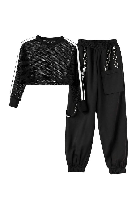 Kids Girls 2 Piece Hip Hop Street Dance Costume Outfits Fishnet Crop Top Cargo Pants Sport Outfits Black 6
