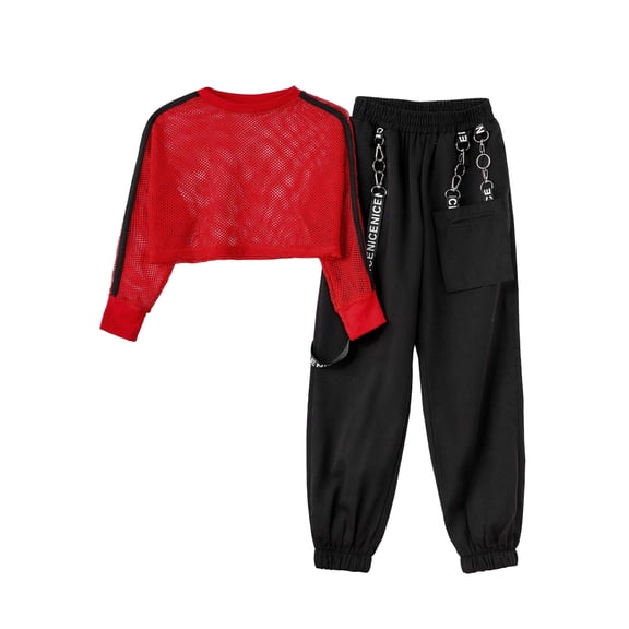 TiaoBug Kids Girls 2 Piece Hip Hop Street Dance Costume Outfits Fishnet Crop Top Cargo Pants Sport Outfits Red 16