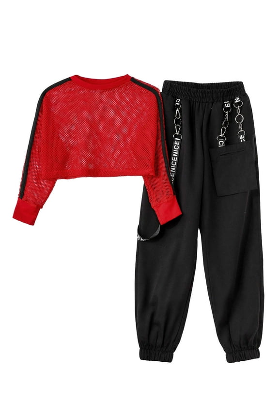 Kids Girls 2 Piece Hip Hop Street Dance Costume Outfits Fishnet Crop Top Cargo Pants Sport Outfits Red 6