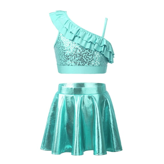 TiaoBug Kids Girls 2-Piece Jazz Hip Hop Dance Costume Sequins Ruffle Shoulder Straps Crop Tops with Metallic Skirt Set Lake Green 6