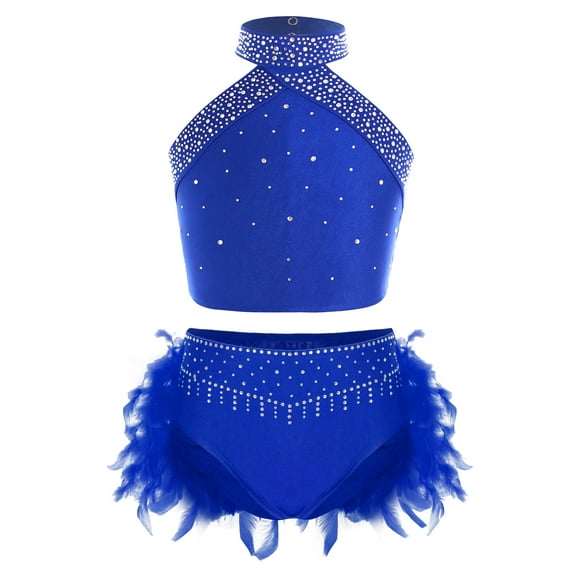 TiaoBug Kids Girls 2 Piece Lyrical Ballet Dance Outfit Sleeveless Rhinestones Crop Top and Feathers Skirt Bottom Blue 12