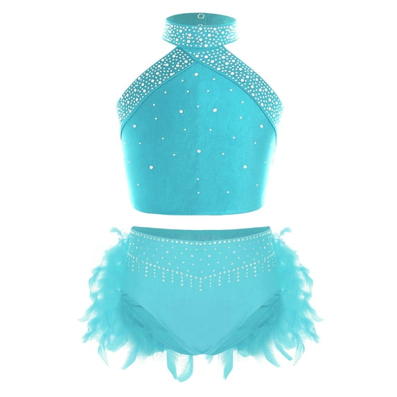 TiaoBug Kids Girls 2 Piece Lyrical Ballet Dance Outfit Sleeveless Rhinestones Crop Top and Feathers Skirt Bottom Blue Green 16