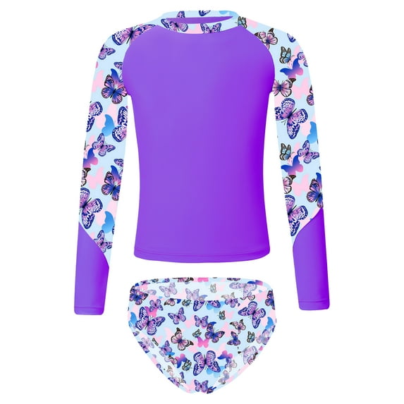 TiaoBug Kids Girls 2 Piece Rash Guard Bathing Suit Swimsuits Long Sleeve Tankini Shirts Printed Bikini Briefs Beach Swimwear Purple 16