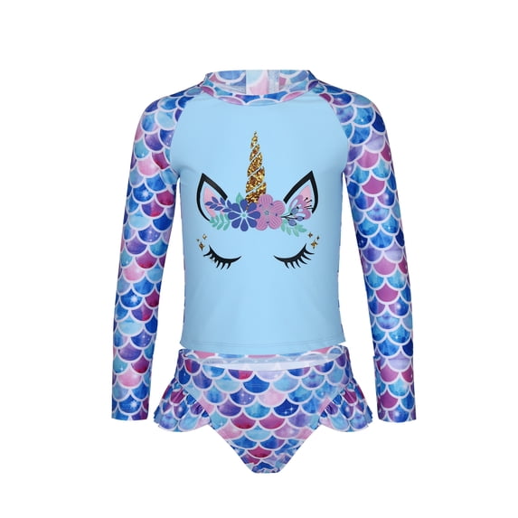 TiaoBug Kids Girls 2Pcs Fish Scales Rash Guard Swimsuit Long Sleeves Cartoon Swim Tops Ruffle Briefs Swimwear Bathing Suit Colorful 6