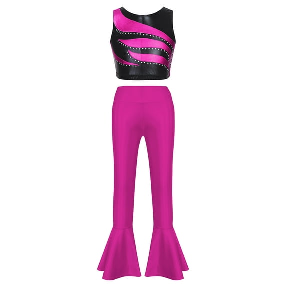 TiaoBug Kids Girls 2Pcs Hip Hop Jazz Street Dance Costume Metallic Crop Top with Flared Pants Tracksuit Uniform Hot Pink 10