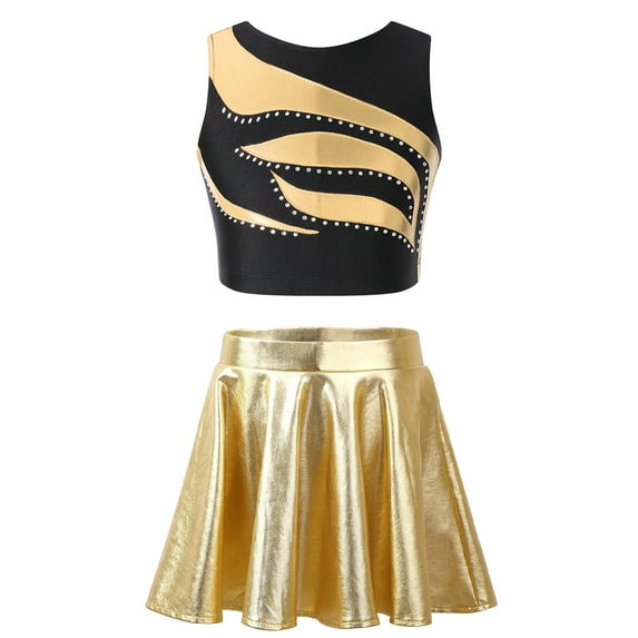 TiaoBug Kids Girls 2Pcs Shiny Dance Set Crop Tops Glossy Metallic Flared Ruffled A-Line Skirt Jazz Hip Hop Latin Modern Ballet Dance Outfits Gold 6