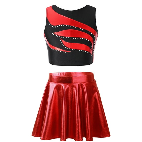 TiaoBug Kids Girls 2Pcs Shiny Dance Set Crop Tops Glossy Metallic Flared Ruffled A-Line Skirt Jazz Hip Hop Latin Modern Ballet Dance Outfits Red 8