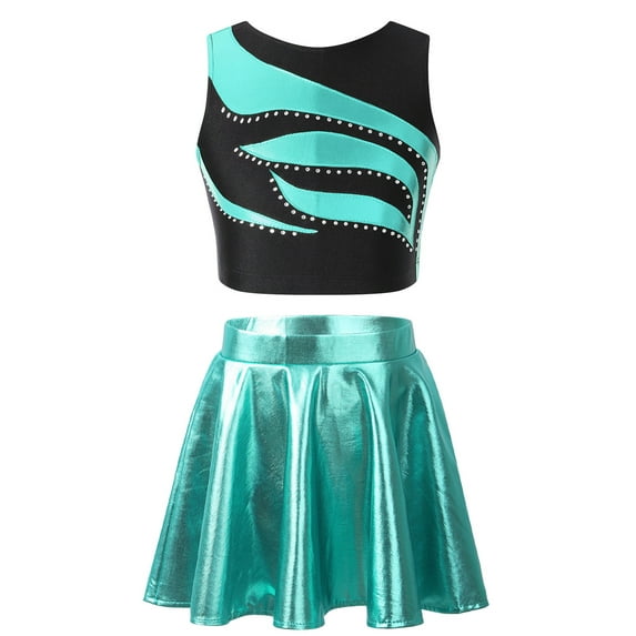 TiaoBug Kids Girls 2Pcs Shiny Dance Set Crop Tops Glossy Metallic Flared Ruffled A-Line Skirt Jazz Hip Hop Latin Modern Ballet Dance Outfits Lake Green 8