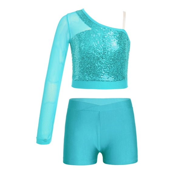 TiaoBug Kids Girls 2pcs Ballet Dance Outfits Gymnastics Sports Tumbling One Shoulder Sequins Crop Top with Athletic Shorts Set Light Blue 12