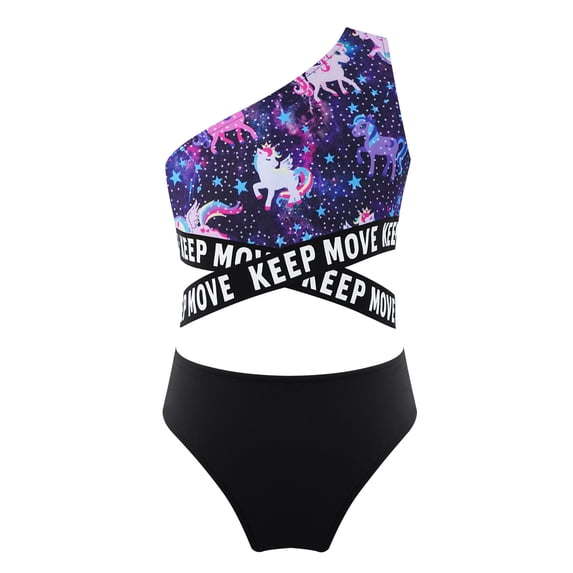 TiaoBug Kids Girls 2pcs Hawaiian Swimsuit Sets One-Shoulder Tropical Bikini Crop Top Briefs Beach Pool Swimwear Black Horse 16