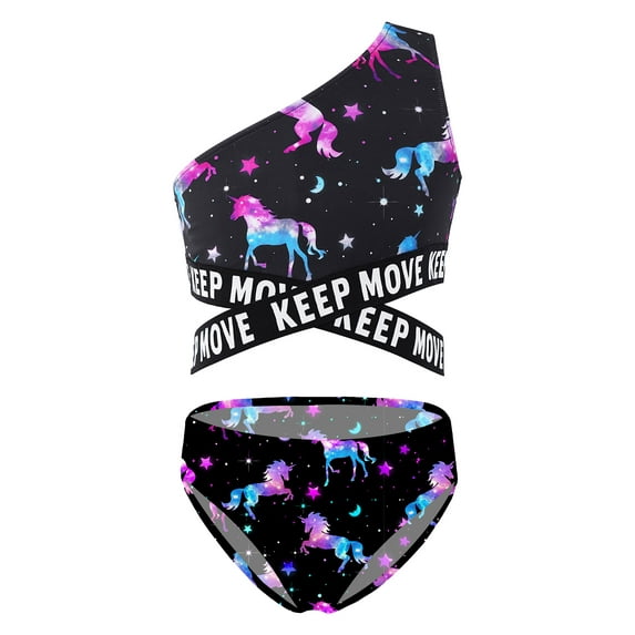 TiaoBug Kids Girls 2pcs Hawaiian Swimsuit Sets One-Shoulder Tropical Bikini Crop Top Briefs Beach Pool Swimwear Night Pegasus 10