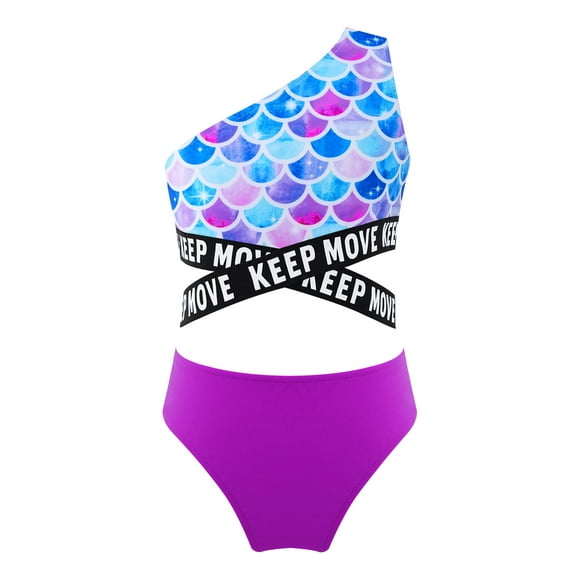 TiaoBug Kids Girls 2pcs Hawaiian Swimsuit Sets One-Shoulder Tropical Bikini Crop Top Briefs Beach Pool Swimwear Purple Fish Scales 10