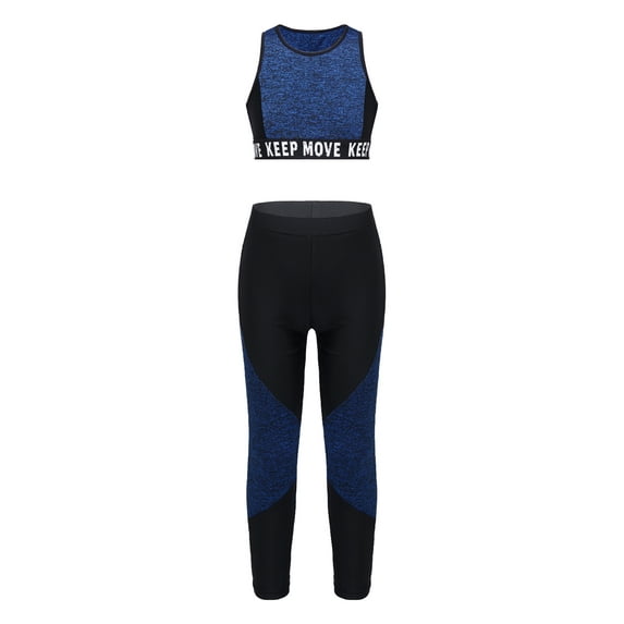 TiaoBug Kids Girls 2pcs Sport Running Workout Outfit Dance Crop Tank Tops And Legging Pants Activewear Blue Black 4
