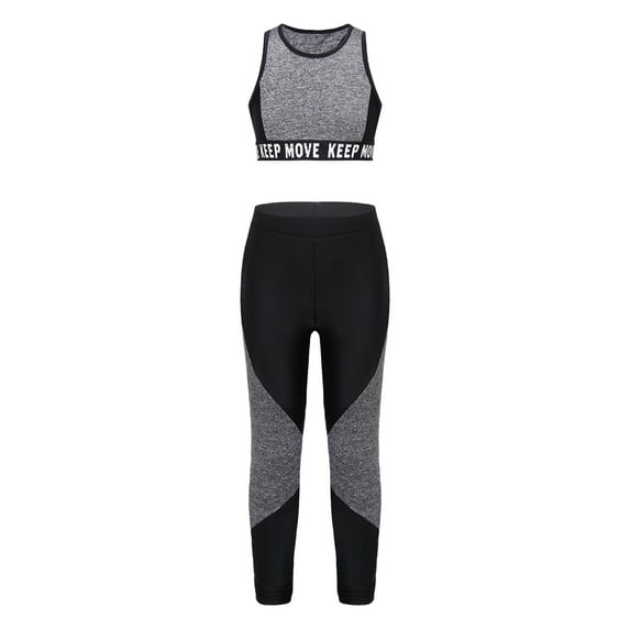 TiaoBug Kids Girls 2pcs Sport Running Workout Outfit Dance Crop Tank Tops And Legging Pants Activewear Gray-Black 4