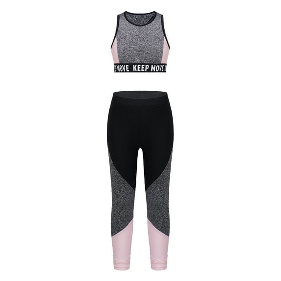 TiaoBug Kids Girls 2pcs Sport Running Workout Outfit Dance Crop Tank Tops And Legging Pants Activewear Grey 12