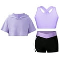 thumbnail image 1 of TiaoBug Kids Girls 3 Pcs Gymnastics Dance Sport Tracksuit Cross Back Vest with Shorts and Hooded Crop Top Set A Lavender 16, 1 of 5