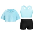 thumbnail image 1 of TiaoBug Kids Girls 3 Pcs Gymnastics Dance Sport Tracksuit Cross Back Vest with Shorts and Hooded Crop Top Set B Light Blue 14, 1 of 5