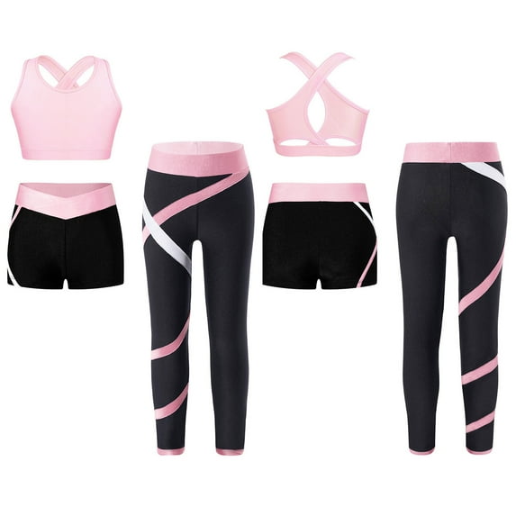 TiaoBug Kids Girls 3 Piece Active Sports Tracksuits Crop Top Vest with Booty Shorts Leggings Set Pink 8