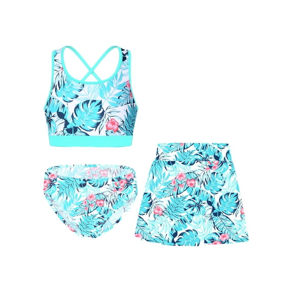 TiaoBug Kids Girls 3 Piece Swimsuit Criss Cross Bikini Set Hawaii Surfing Floral Print Bathing Suit Pool Party Swimwear Leaf 14