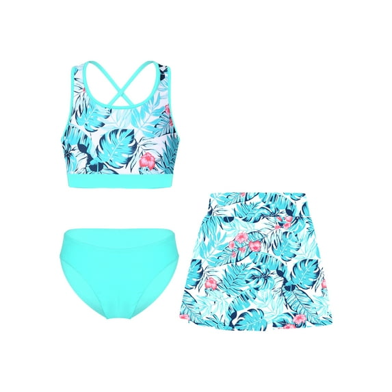 TiaoBug Kids Girls 3 Piece Swimsuit Criss Cross Bikini Set Hawaii Surfing Floral Print Bathing Suit Pool Party Swimwear Light Green 16