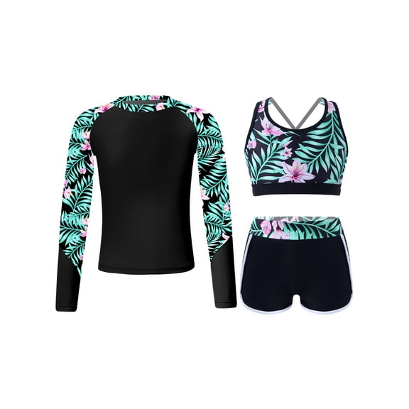 TiaoBug Kids Girls 3 Piece Swimwear Rash Guard Long Sleeve Zipper Front Jacket Crop Tank Cop and Shorts Swimsuits Surfing Beachwear Lily 14