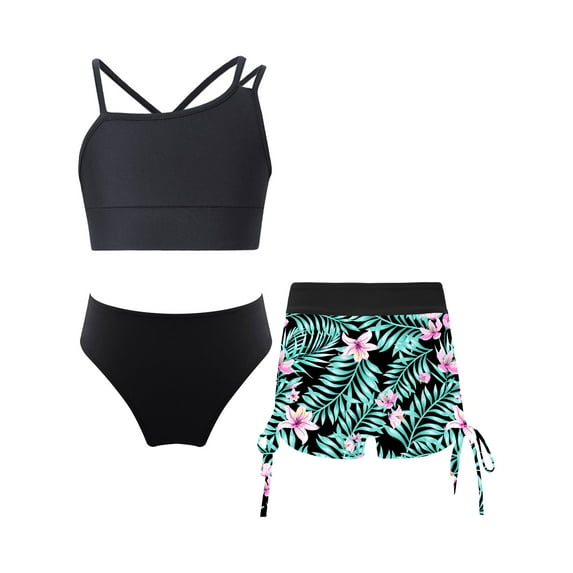 TiaoBug Kids Girls 3 Piece Tankini Swimsuits Outfits Sleeveless Cami Top Bathing Suit Briefs with Bottoms Beach Swimwear Black-A 6